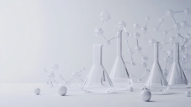 Clear lab glassware and molecules on a light gray surface