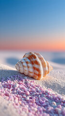 Close-up of a beautifully patterned seashell resting on soft sand with colorful pebbles, capturing the essence of a serene beach environment at sunset. Selective focus