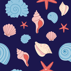 Seamless pattern with seashells and starfish on dark blue background. Cute ocean vector design. Perfect for summer textile, wrapping paper, marine-themed packaging and decor.