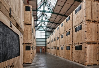neat ordered storage packaging warhouse interior piled wooden box crates