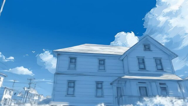 Quaint town with flagpole illustration