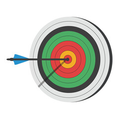 A blue arrow hits the bullseye center of a colorful target signifying achievement success and precision