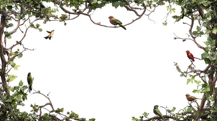 Birds perched on branches, a leafy frame