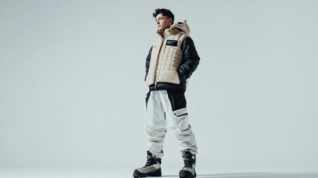 A young man stands in a white studio, wearing a beige and black puffer vest, white pants with black accents, and black boots. He has short, dark hair and is looking off to the side - Powered by Adobe