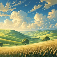 Obraz premium Expansive countryside landscape with rolling green hills and golden wheat fields under a soft blue sky with fluffy clouds