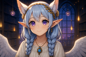 Enchanting anime girl with braided blue hair, elf and cat ears, angel wings, and glowing pendant in a mystical library at night, radiating warmth and fantasy magic in detailed digital art.