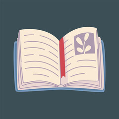An open book with a red ribbon and a plant illustration. in isolated background