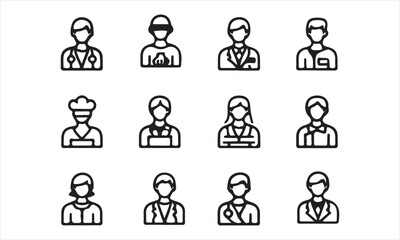 A clean, modern graphic set of black line icons depicting various professions, including doctor, chef, scientist, and more.