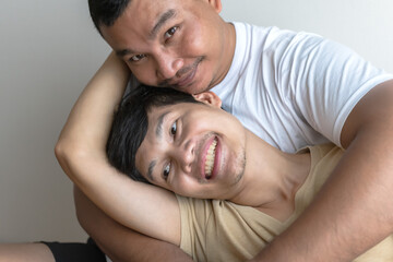 Fototapeta premium Asian male gay couples with intimate relationship enjoy freedom life, LGBT concept