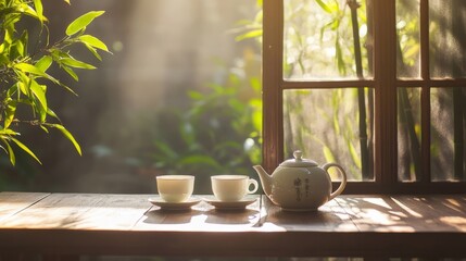 Chinese asian tea ceremony. Green tea in the teapot and small cups