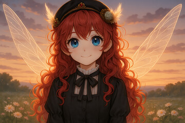 Charming anime fairy girl with glowing wings and vibrant red curls in a vintage black dress, standing peacefully in a flower meadow under a magical sunset sky.