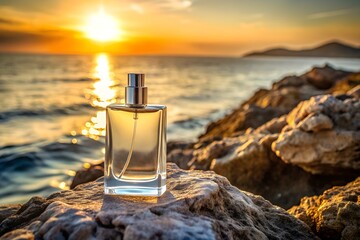 Elegant Perfume Bottle on Rocks with Sunset Over the Ocean