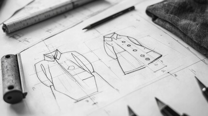 Detailed fashion design sketches showcasing outerwear concepts on a drafting table with tools and fabric samples