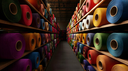 Colorful Yarn Rolls In A Warehouse