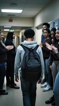 An unrecognizable black teenager with walks alone in the high school hallway while other students taunt him. Concept of loneliness, isolation and bullying.