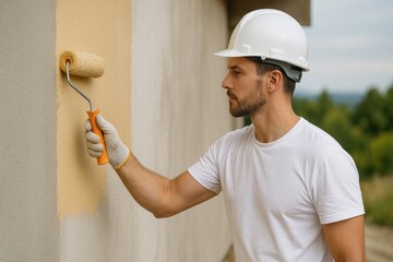 A construction worker in a hard hat and gloves uses a paint roller to apply yellow paint to the exterior wall of a house. The setting is a suburban area with trees in the background
