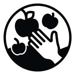 Hand and apple fruit solid icon, eco tourism concept. Vector graphics. Fruit harvesting with human hand sign on white background, style mobile or design.