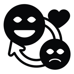 Smileys with circular arrow and heart solid icon, charity concept. Vector graphics. Sad and good mood, emoticon sign on white background, style mobile or design.