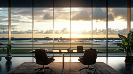 Modern office overlooking airport runway at sunset