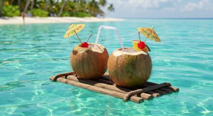 Two Coconut Drinks on a Raft in a Tropical Ocean