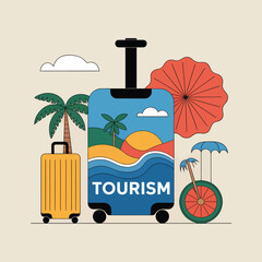 Colorful travel concept illustrating tourism with suitcases palm trees and beach imagery perfect for promotional travel advertisements.