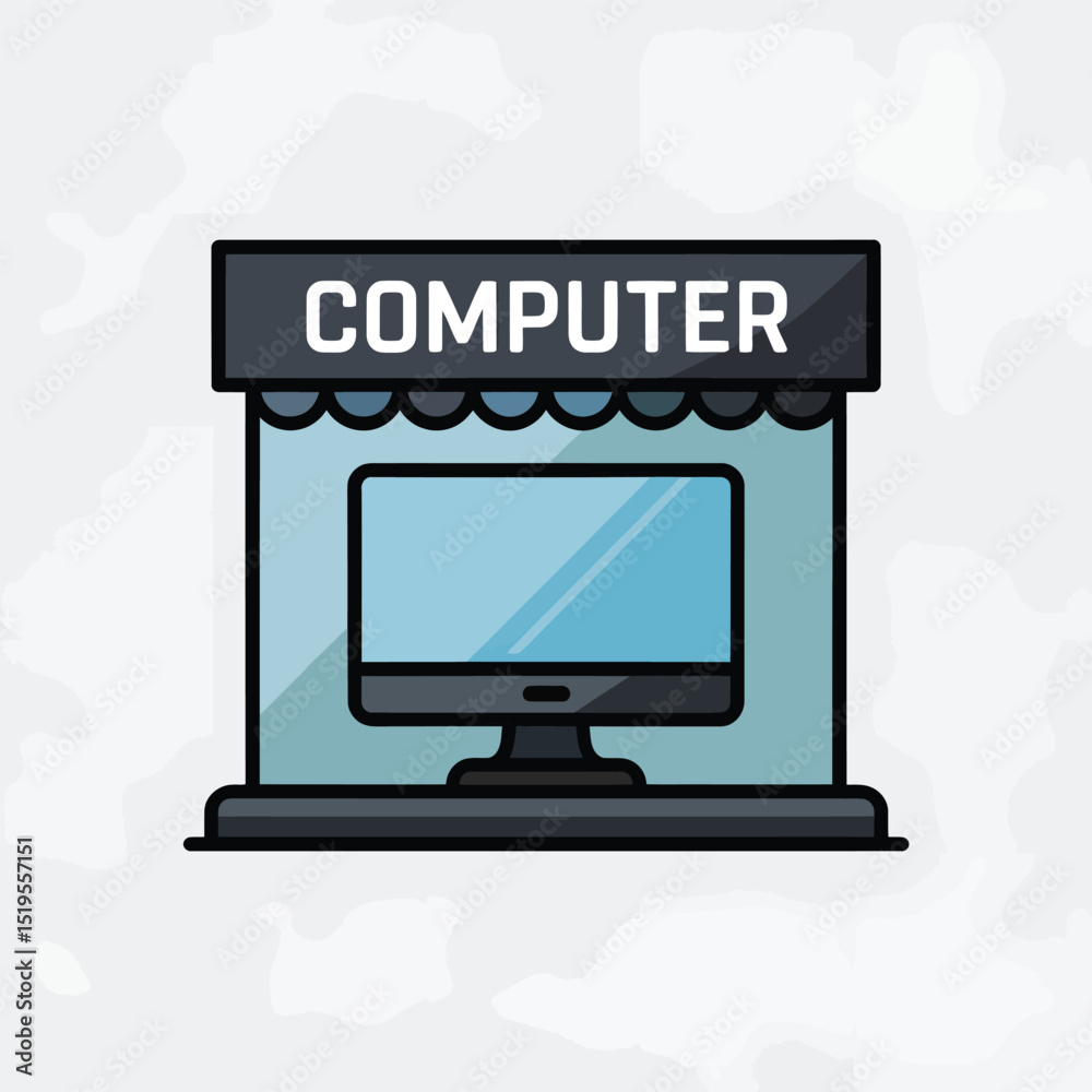 Fototapete Computer shop illustration depicting a modern desktop monitor displaying a blue screen above a decorative base with the word computer