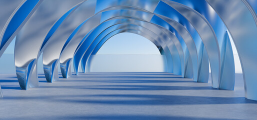 Minimal geometric background made of chrome metal. Podium for your product. Light garage for car presentation. Futuristic design made of chrome metal for your design. 3D render.