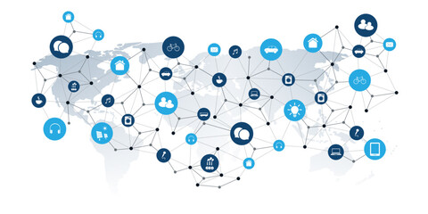 A vector graphic illustrating IoT and global connectivity. A world map is overlaid with a network of nodes and icons representing smart devices and services, suggesting an interconnected digital world