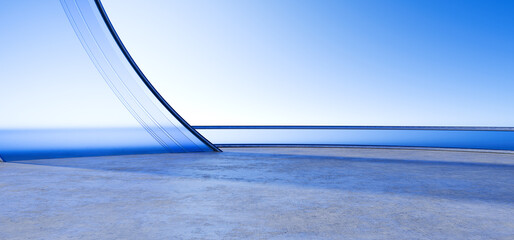 Abstract minimal architecture background. Geometric architecture with wavy design, car presentation. Futuristic design made of metal, glass and concrete for your design. 3d render.