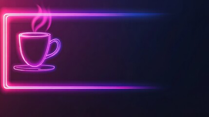 Glowing neon framed coffee cup steams against a dark, gradient-colored (purple/blue) backdrop