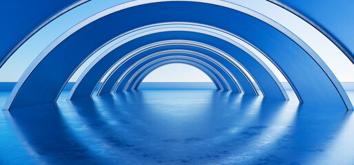 Light background for car presentation. Minimal architecture background. Geometric architecture with wavy design. Futuristic metal, glass and concrete design for your design. 3d render.
