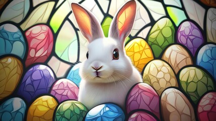 Lovely fluffy bunny with easter eggs on multicolored stained glass background. Symbol of easter day festival