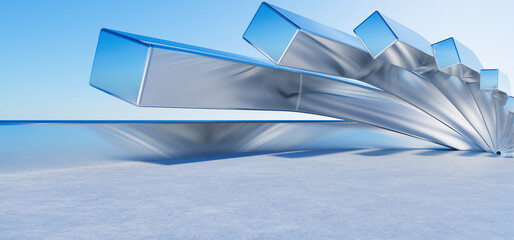 Minimal architectural background made of chrome metal. Futuristic design made of metal, concrete for your design. Light garage for car or your product presentation. 3D render.