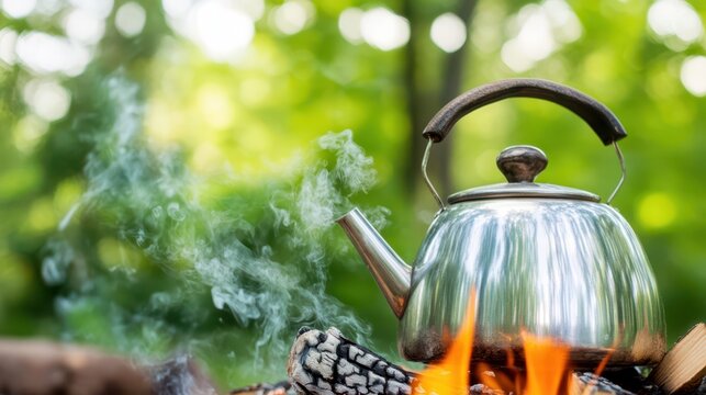 Metal kettle on a wood fire with steam rising, set in a forest background, representing outdoor camping and rustic lifestyle
