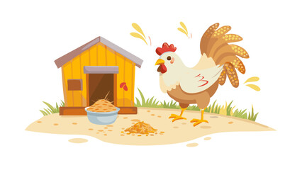 Colorful chicken by a wooden coop with feeding bowl on a sunny day outside a farmyard setting