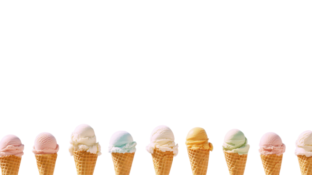 Line of assorted pastel-colored ice cream cones with various flavors in waffle cones, isolated on white background, symbolizing summer treats
