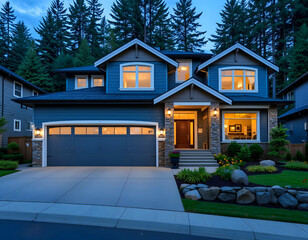 extravagant new home in Bellevue, Washington, Blue siding and natural stone wall trim surround a two-car garage in a modern home. United States Northwest