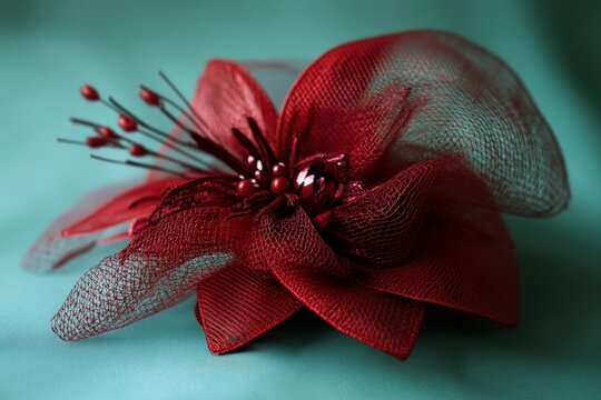 Close-up of a deep red flower-shaped embellishment.