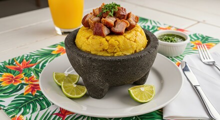 Traditional South American Dish Served in Stone Bowl with Green Sauce, Garnished with Crispy Meat Bites and Fresh Lime Slices on Colorful Table Setting