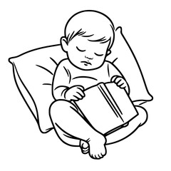 Sleeping baby reading a book on a pillow in a cozy setting - Concept of single line outline vector  