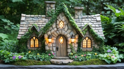 Whimsical tiny stone house with ivy-covered roof and glowing windows, set in lush garden, representing fantasy, fairy tale and magical atmosphere
