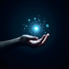 A businessman's hand pushes a digital button on a touch screen interface, symbolizing global communication and future network connection