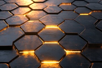 Abstract dark metal hexagon pattern with glowing lines.