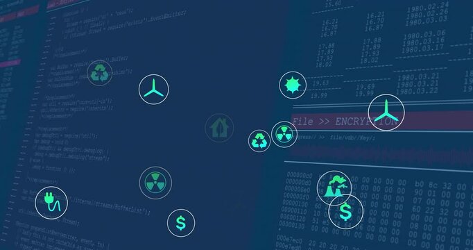 plug icon fading starting energy recycle icons clustering and pulsing on code encryption interface