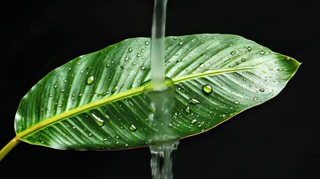 Water stream cascading onto a large, vibrant green leaf speckled with water droplets against a stark black background