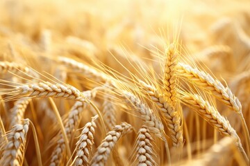 Golden wheat field at sunset closeup.