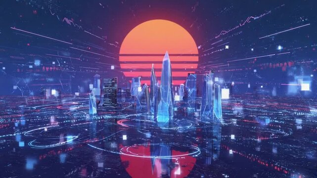 A futuristic neon city life at dusk, glowing circuitry skyscrapers, red sun jagged tower silhouettes, water morphing digital waveform, bioluminescent drones synchronized looped synth haze - Powered by Adobe