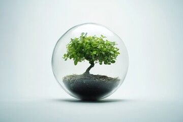 Small green tree in glass egg terrarium.