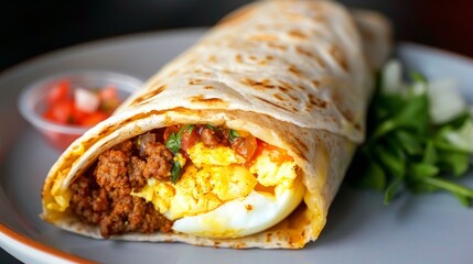 Close up of a savory breakfast burrito with eggs, meat, and salsa.  Perfect for a quick and satisfying morning meal.