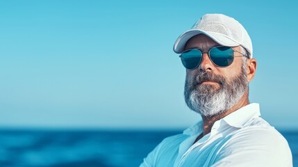 Portrait of a confident mature man with a beard wearing sunglasses and a white cap, standing against a blue ocean background.  Conveys concepts of success, adventure, and freedom.